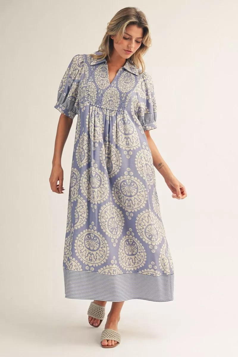 Periwinkle Geo Floral Short Sleeve Maxi Dress