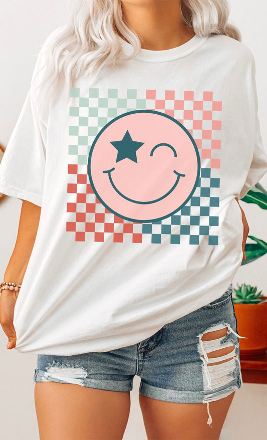 White Checkerboard Star Smiley Oversized Trendy Tee