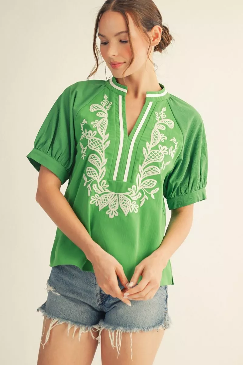 Kelly Green Short Puff Sleeve Embroidered Blouse