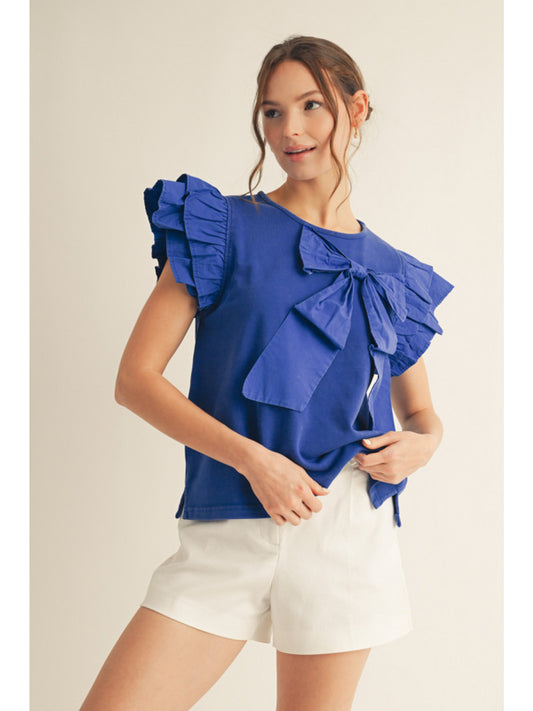 Royal Blue Ruffle Sleeveless Top w/ Bow Detail