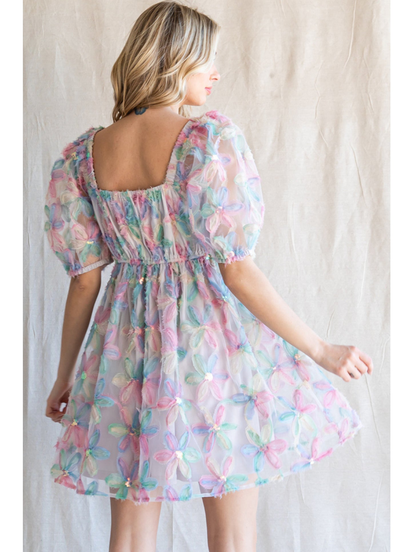 Dusty Lavender Puff Sleeve Mini Dress w/ Multicolor Floral Embellishments