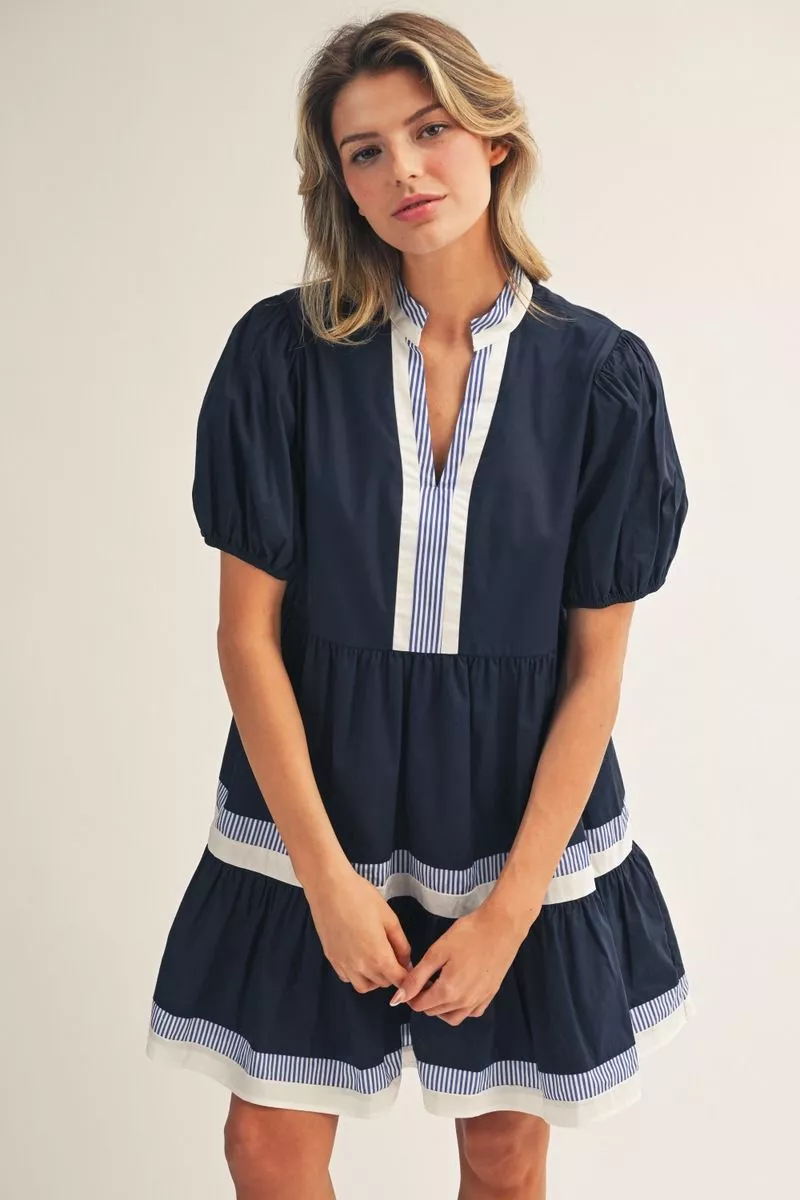 Navy Tiered Mini Dress w/ Striped Details