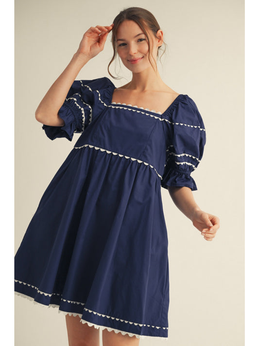 Navy Babydoll Mini Dress w/ Ric Rac Accents