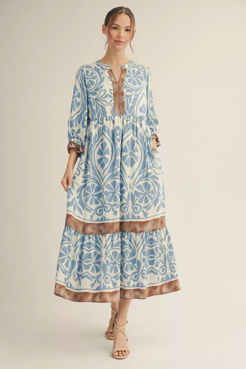Sky Blue 3/4 Sleeve Patterned Maxi Dress