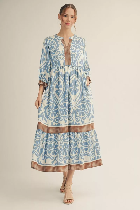 Sky Blue 3/4 Sleeve Patterned Maxi Dress