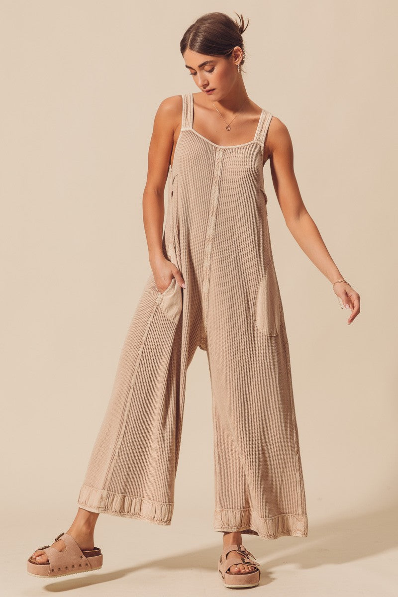 Oatmeal Waffle Knit Exposed Seam Jumpsuit