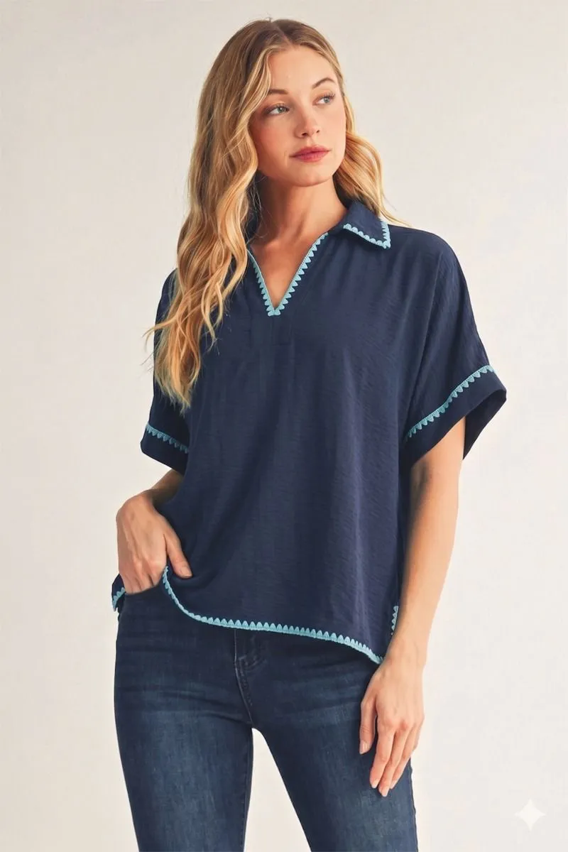 Navy Accent Stitched Short Sleeve, Collared Blouse