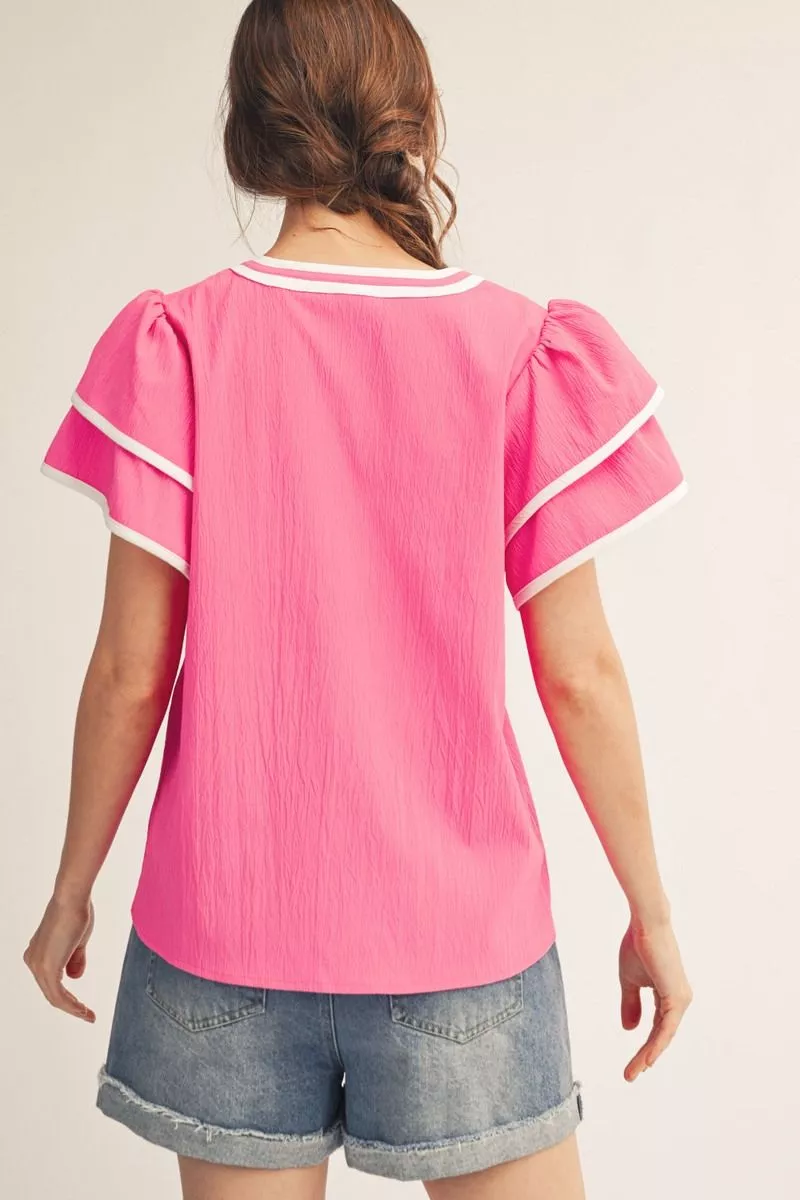 Short, Flutter Sleeve V-Neck Blouse