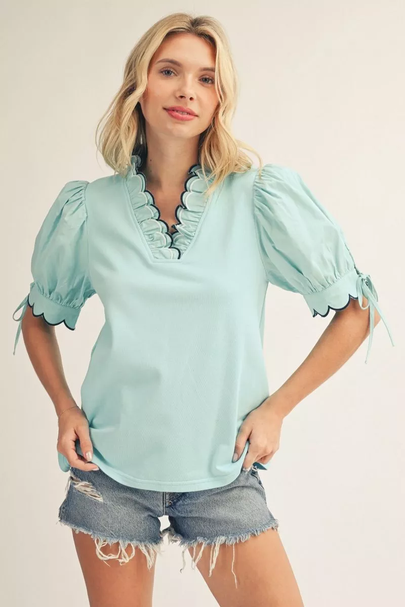Blue Scalloped Short Sleeve Blouse