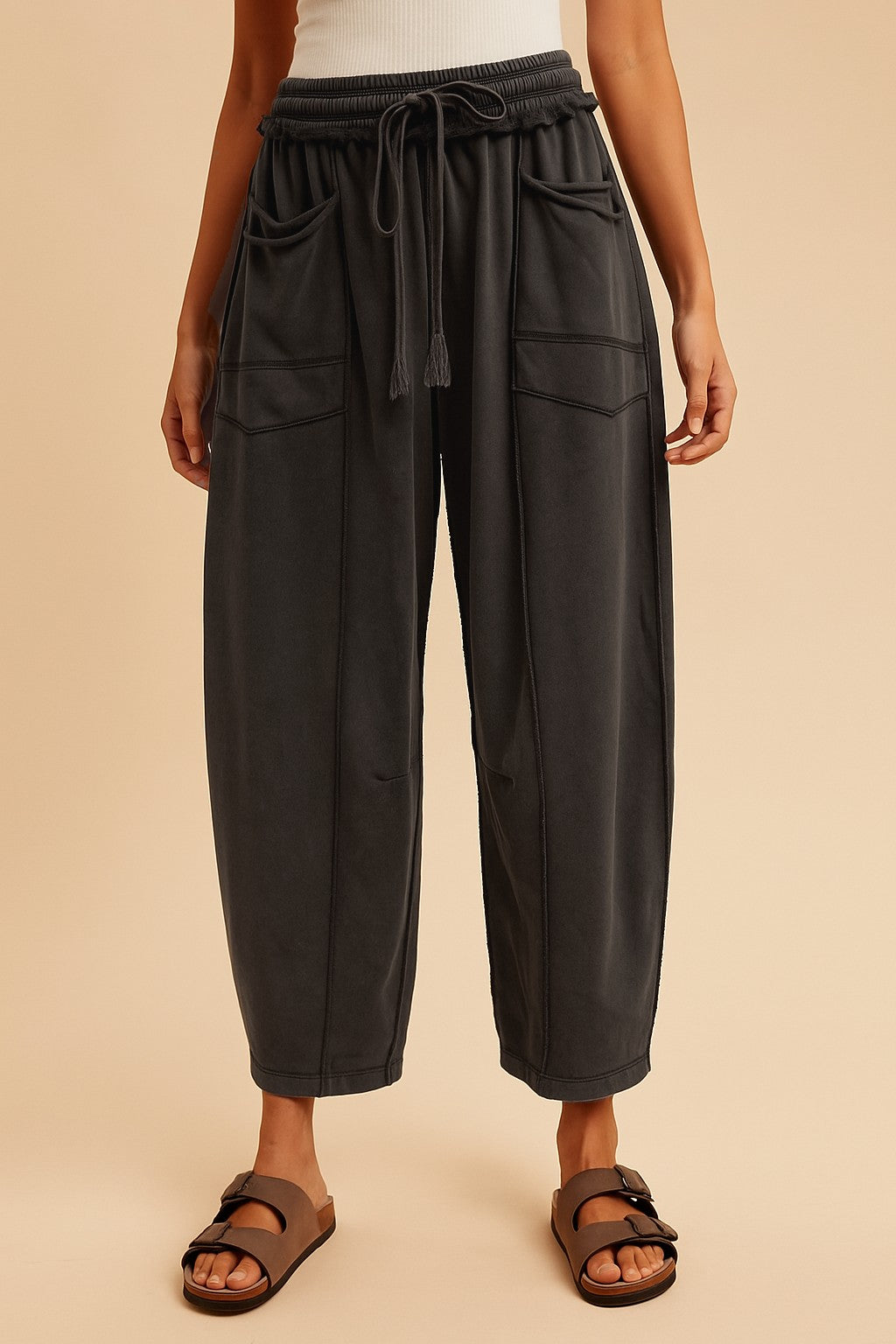 Black Mineral Wash Barrel Fit Drawstring Pants