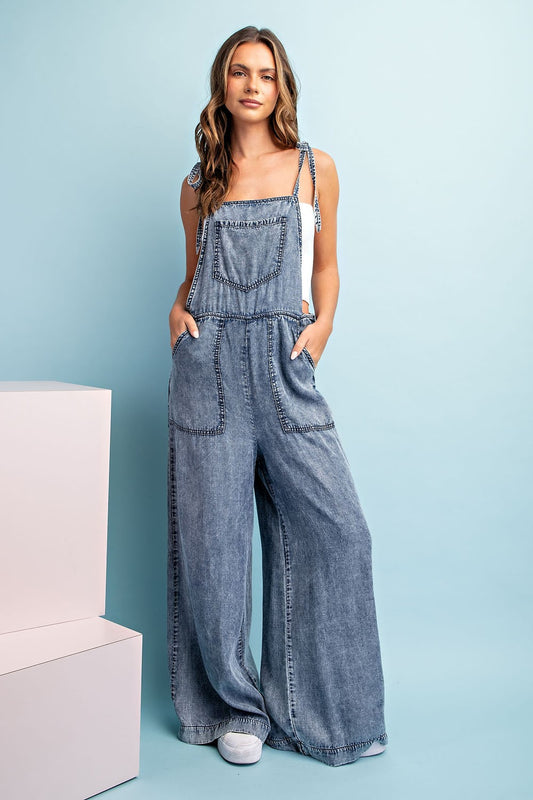 Denim Acid Washed Overalls with Tied Straps