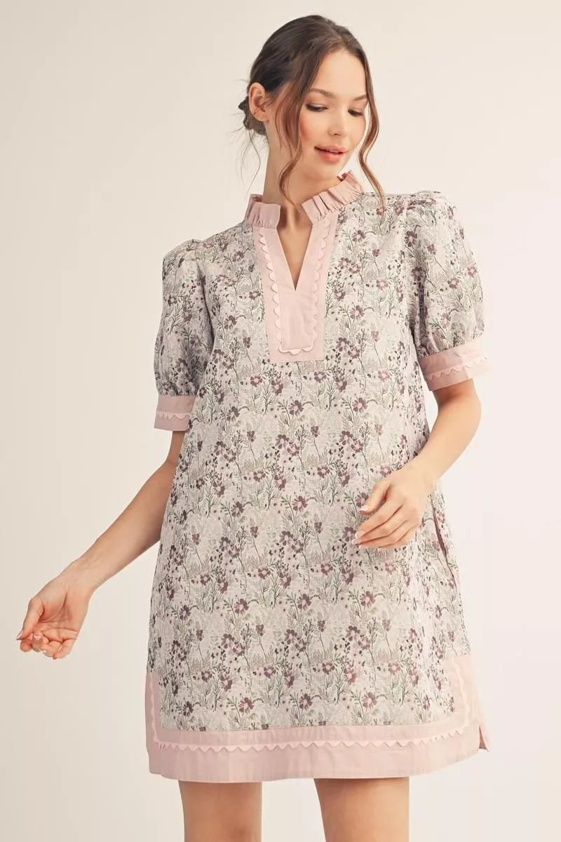 Dusty Pink Floral Short Puff Sleeve Mini Dress