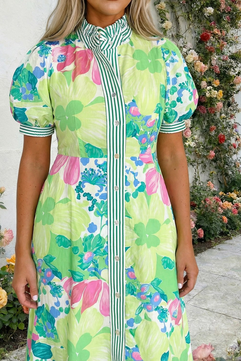 Green Vibrant Floral Short Puff Sleeve Midi Dress