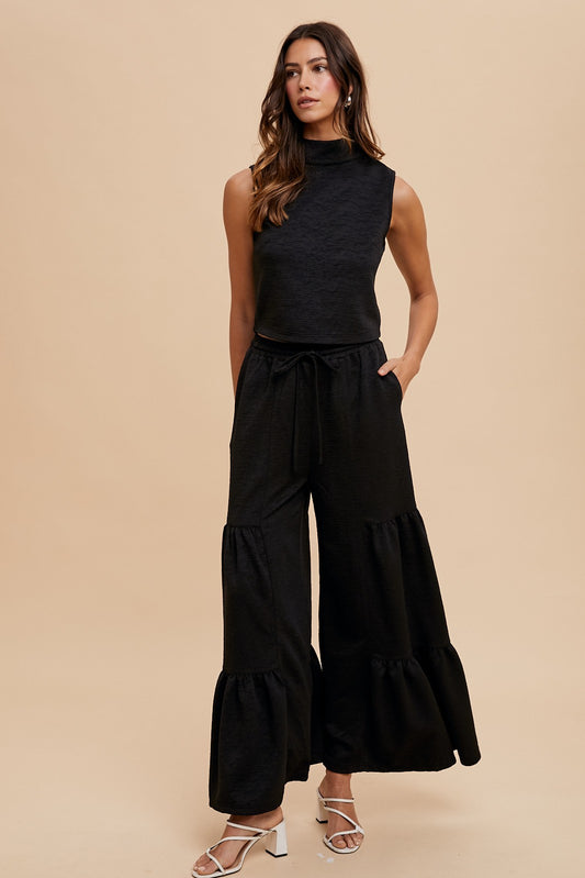 Black Textured Mock Neck Cropped Top and Pants Set