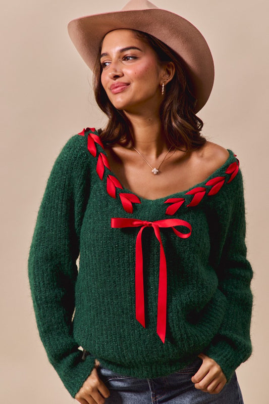 Hunter Green w/ Red Satin Ribbon Braided V-Neck Sweater