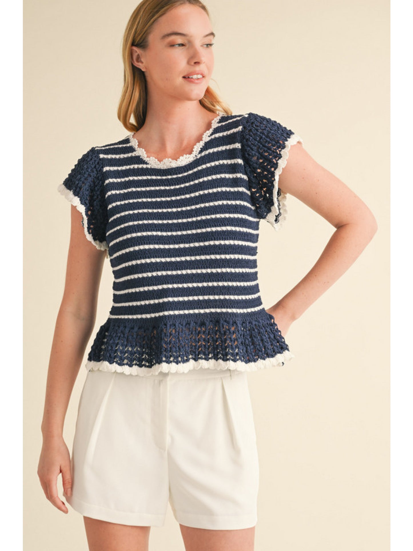 Navy/Off White Knit Sleeveless Top