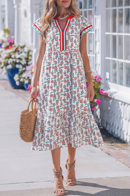 Red Floral Flutter Sleeve Midi Dress