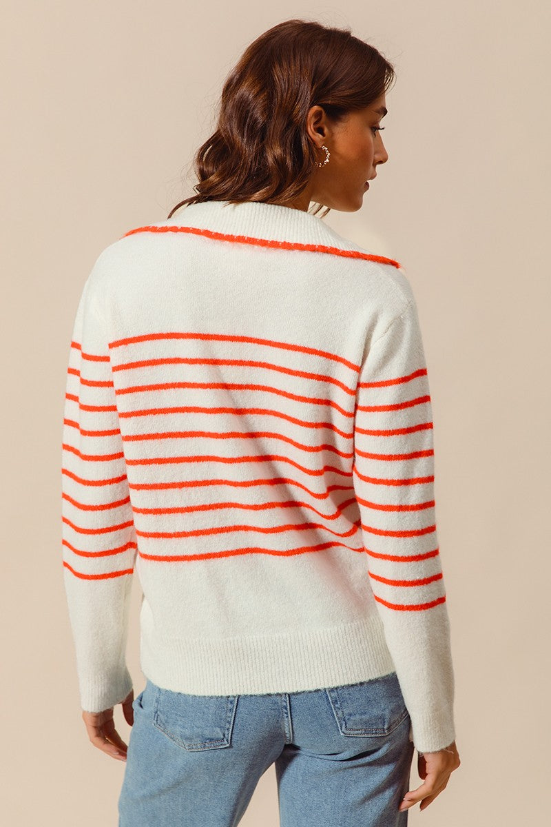 Ivory/Orange Polo Collar Striped Sweater