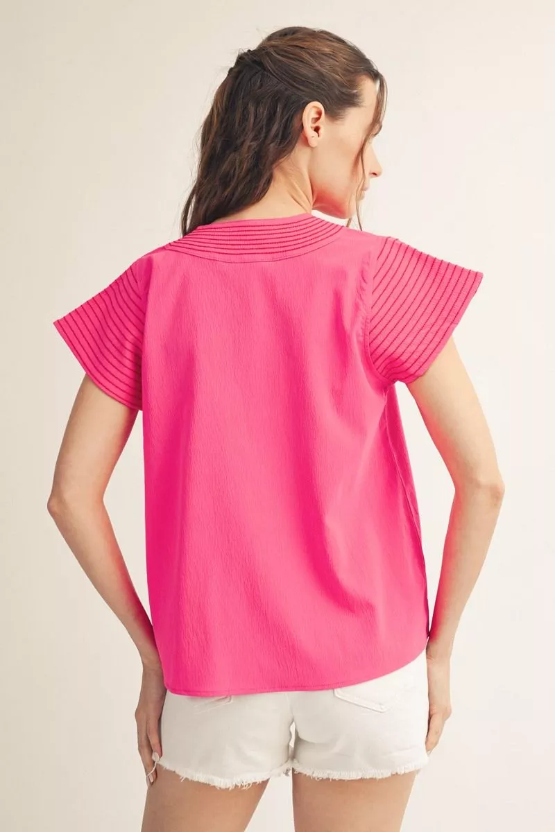 Hot Pink Short Sleeve, Embroidered Detailed Top