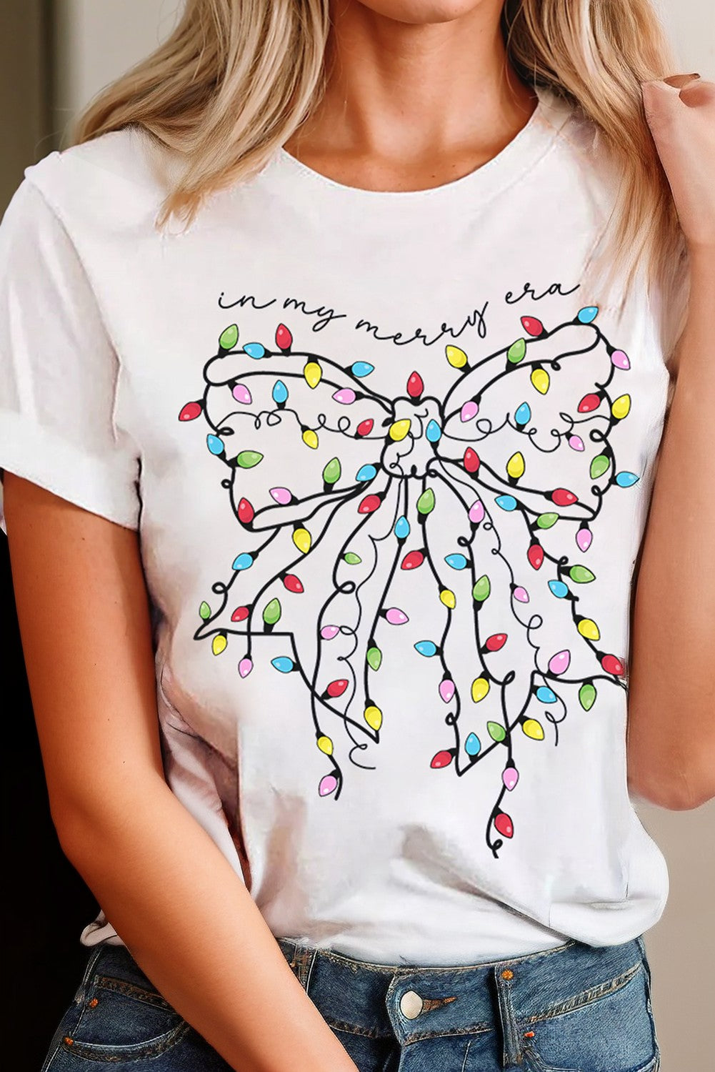 White Christmas Lights Bow Trendy Winter Tee