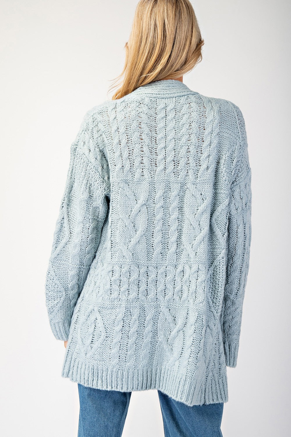 Blue Tunic Length Open Front Cardigan