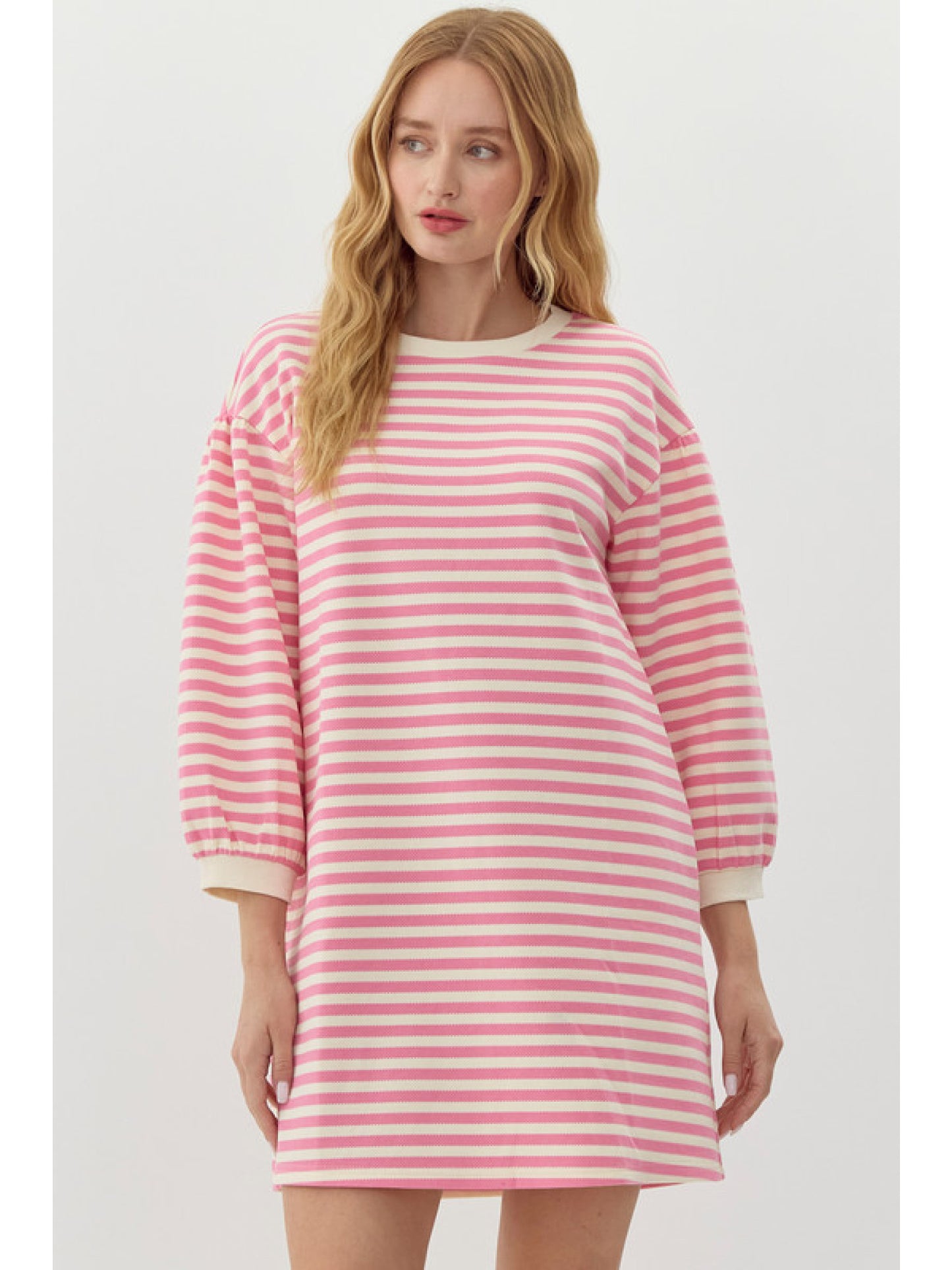 Pink Striped 3/4 Sleeve Mini Dress