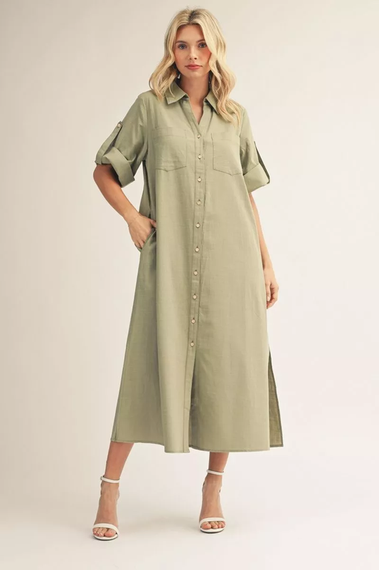 Sage Short Sleeve Button Down Maxi Dress