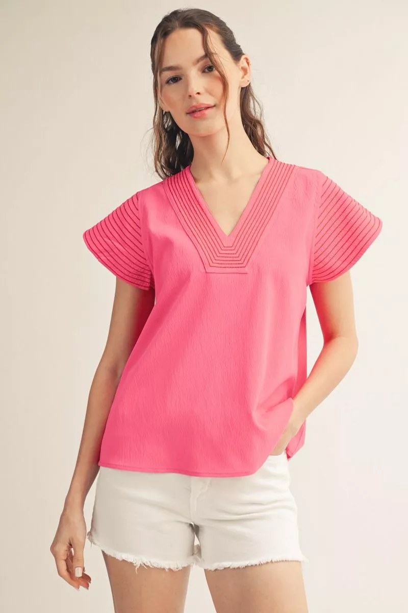 Hot Pink Short Sleeve, Embroidered Detailed Top