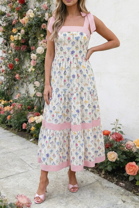 Pink Striped Floral Tie Strap Maxi Dress
