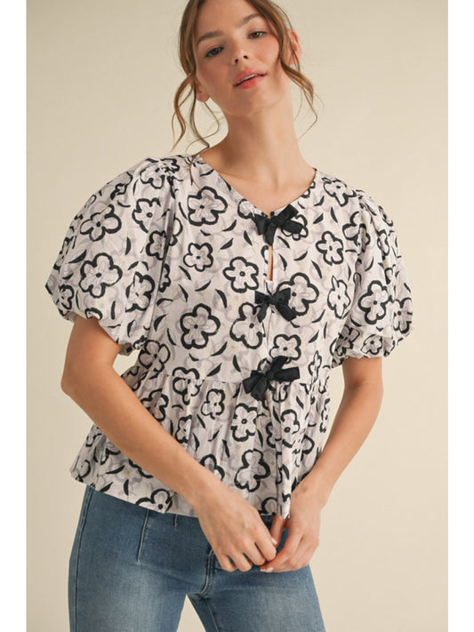 Black Floral Short Sleeve Babydoll Blouse w/ Bows