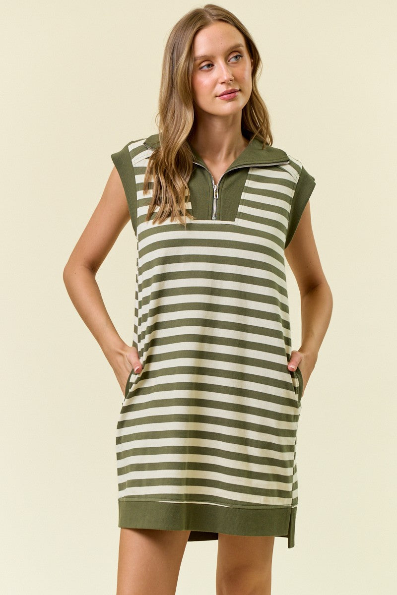 Cream Olive Striped Jersey Half Zip Up Mini Dress