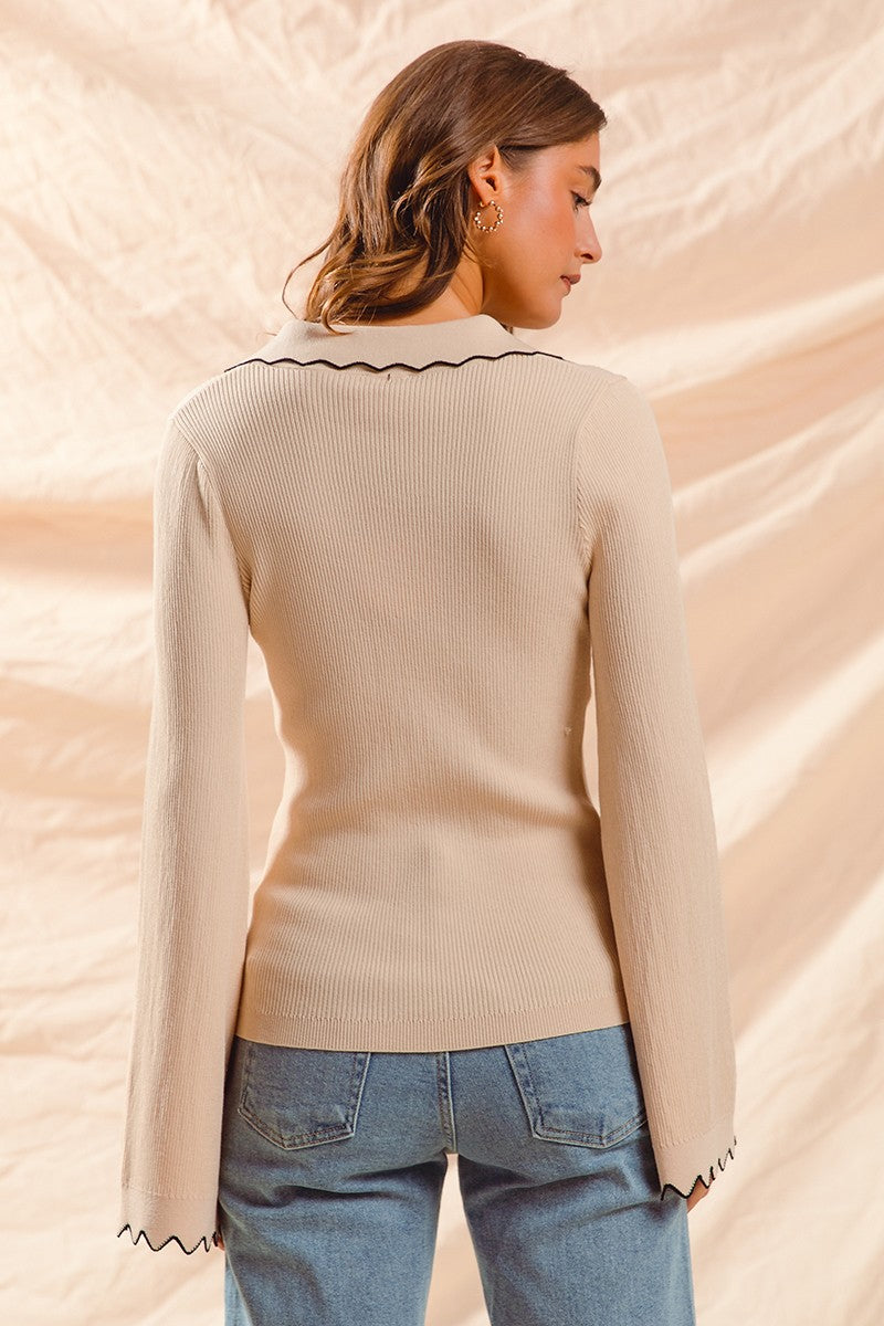 Oatmeal/Black Rib Knit Open Collar Long Sleeve w/ Wavy Scallop Detail