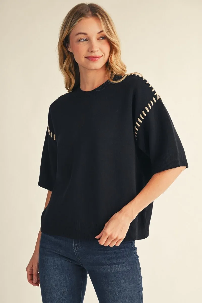 Black Short Sleeve Sweater Shirt w/ Accent Stitch