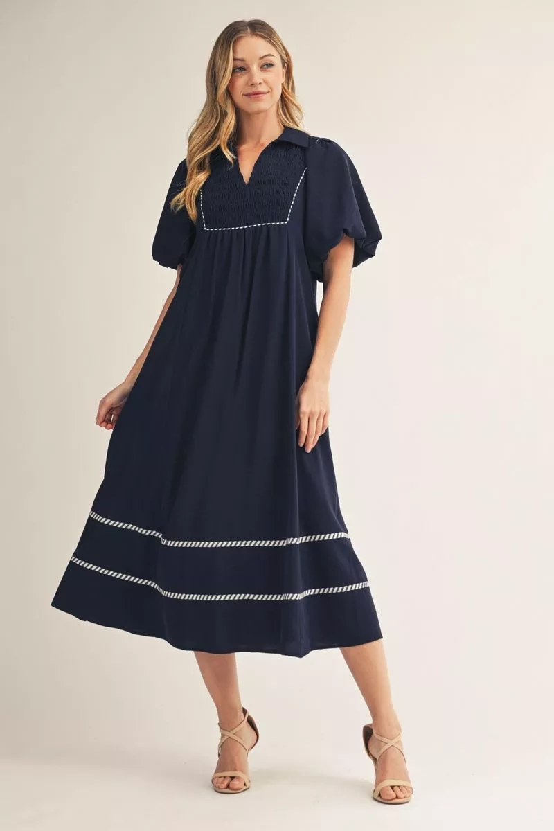 Dark Navy Short Puff Sleeve Maxi Dress