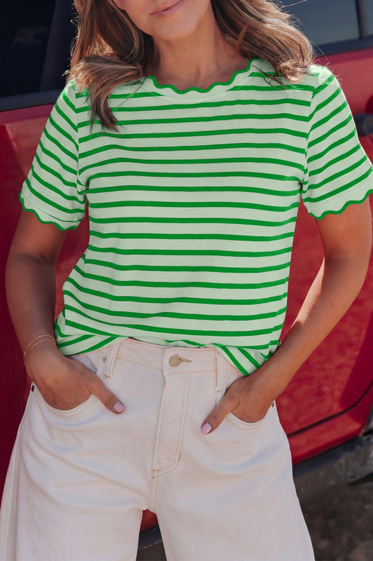 Green Striped Short Sleeve Shirt w/ Scallop Trim