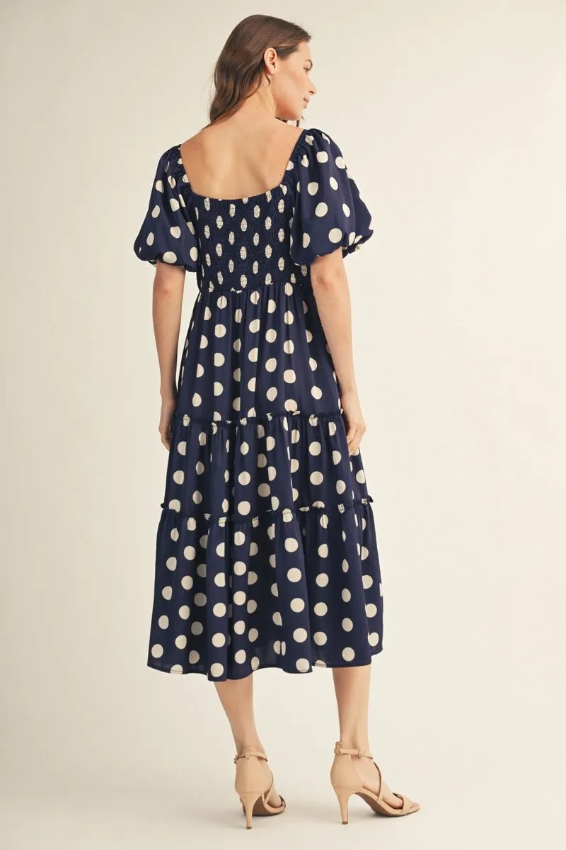 Navy Polka Dot Short Puff Sleeve Midi Dress