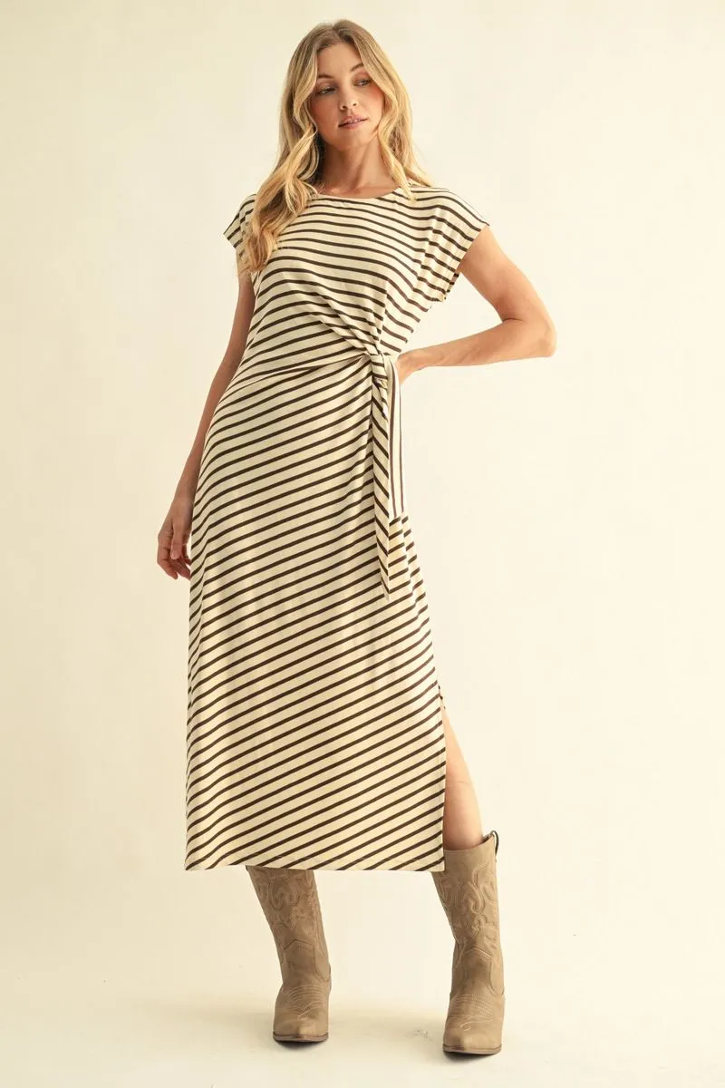 Brown Striped Short Sleeve Maxi Dress