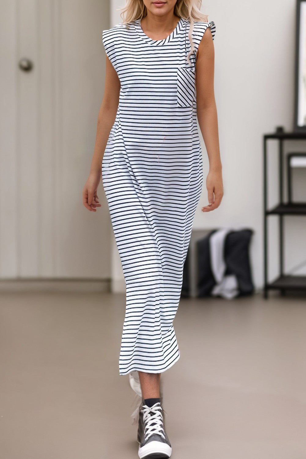 Black + White Striped Midi Dress w/ Shoulder Pockets