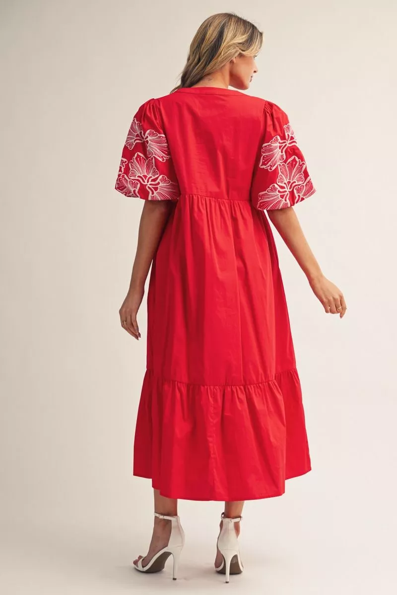 Red Tiered Maxi Dress w/ Embroidered Sleeve Details