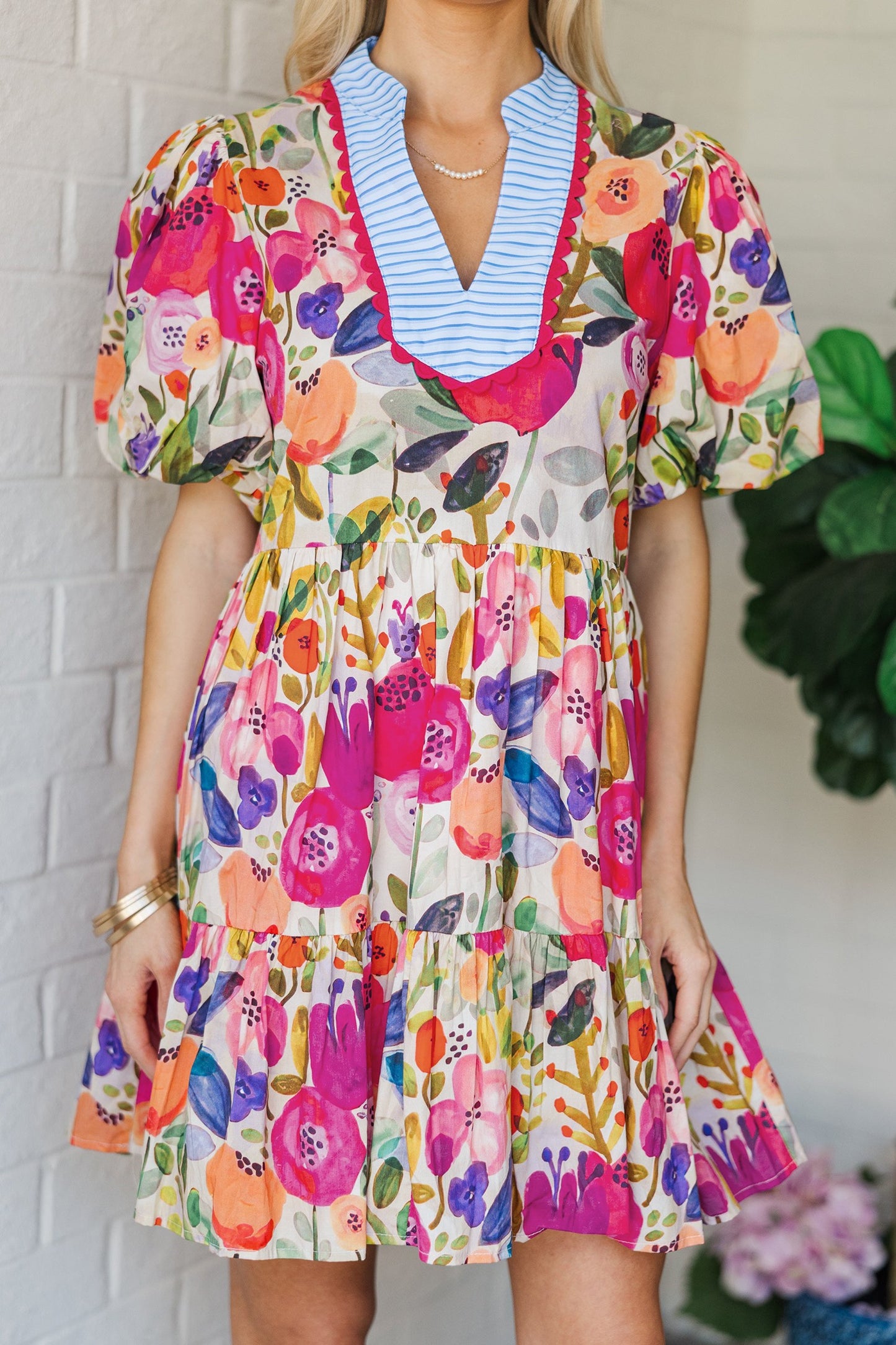 Rose Floral Ricrac Trim V-Neck Mini Dress