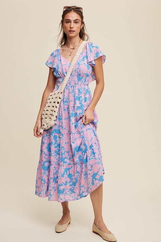 Blue + Pink Floral V-Neck Midi Dress w/ Pockets