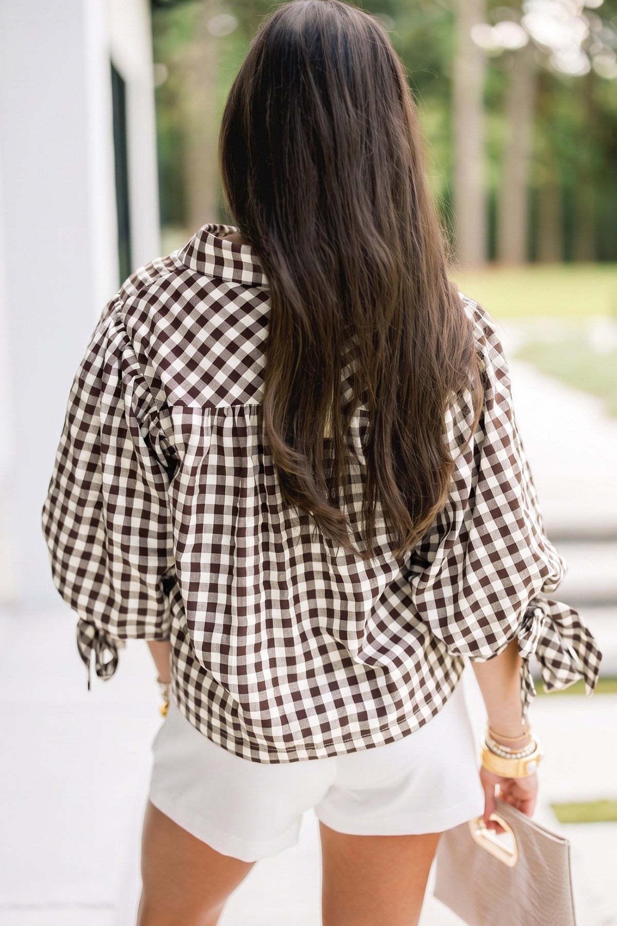 Brown Gingham Button Down Half Sleeve Blouse