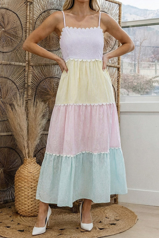 Multicolor Gingham Color Block Sleeveless Maxi Dress