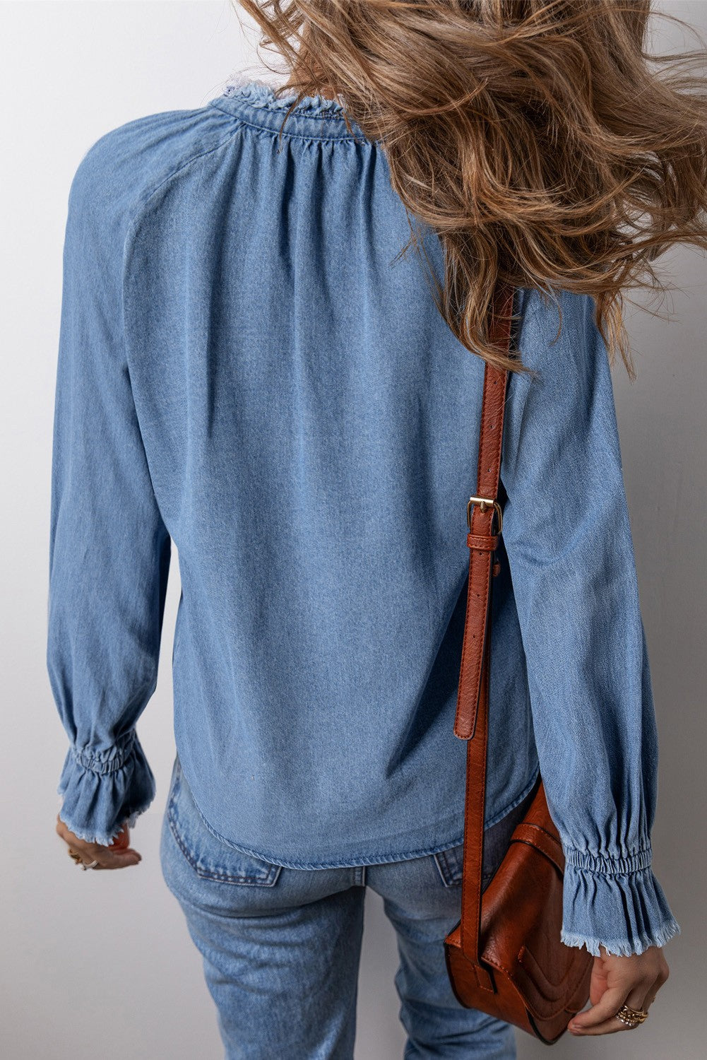 Blue Frilled Raw Hem Denim Long Sleeve