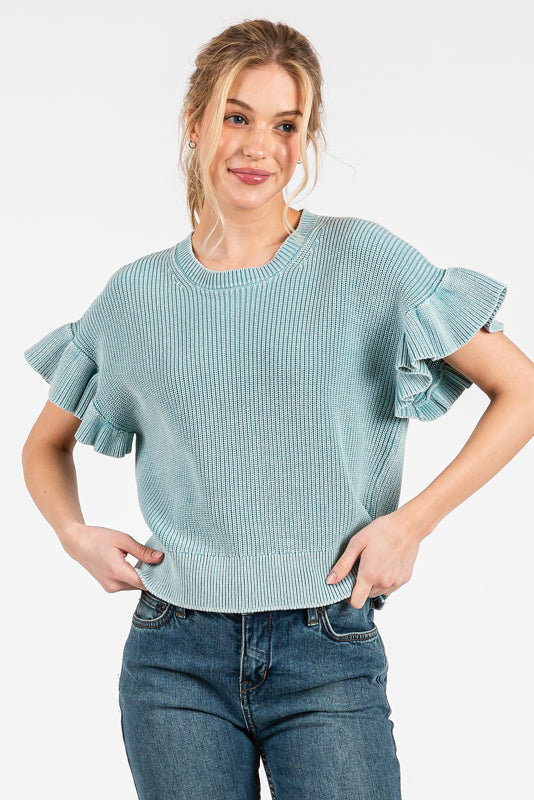 Sky Short Ruffle Sleeve Sweater Top