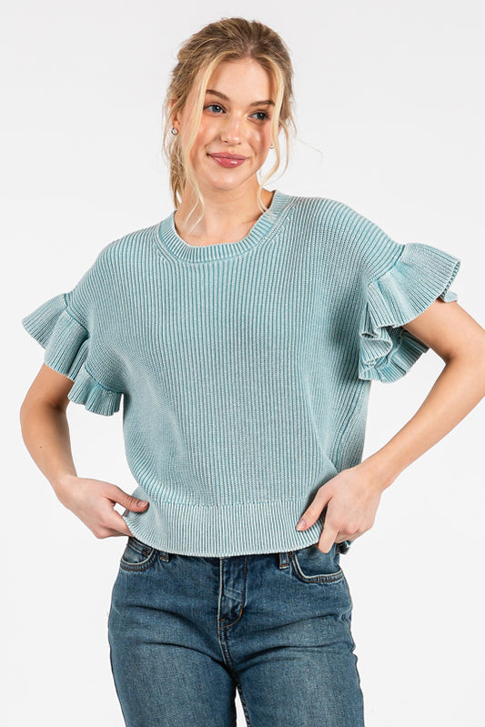 Sky Short Ruffle Sleeve Sweater Top