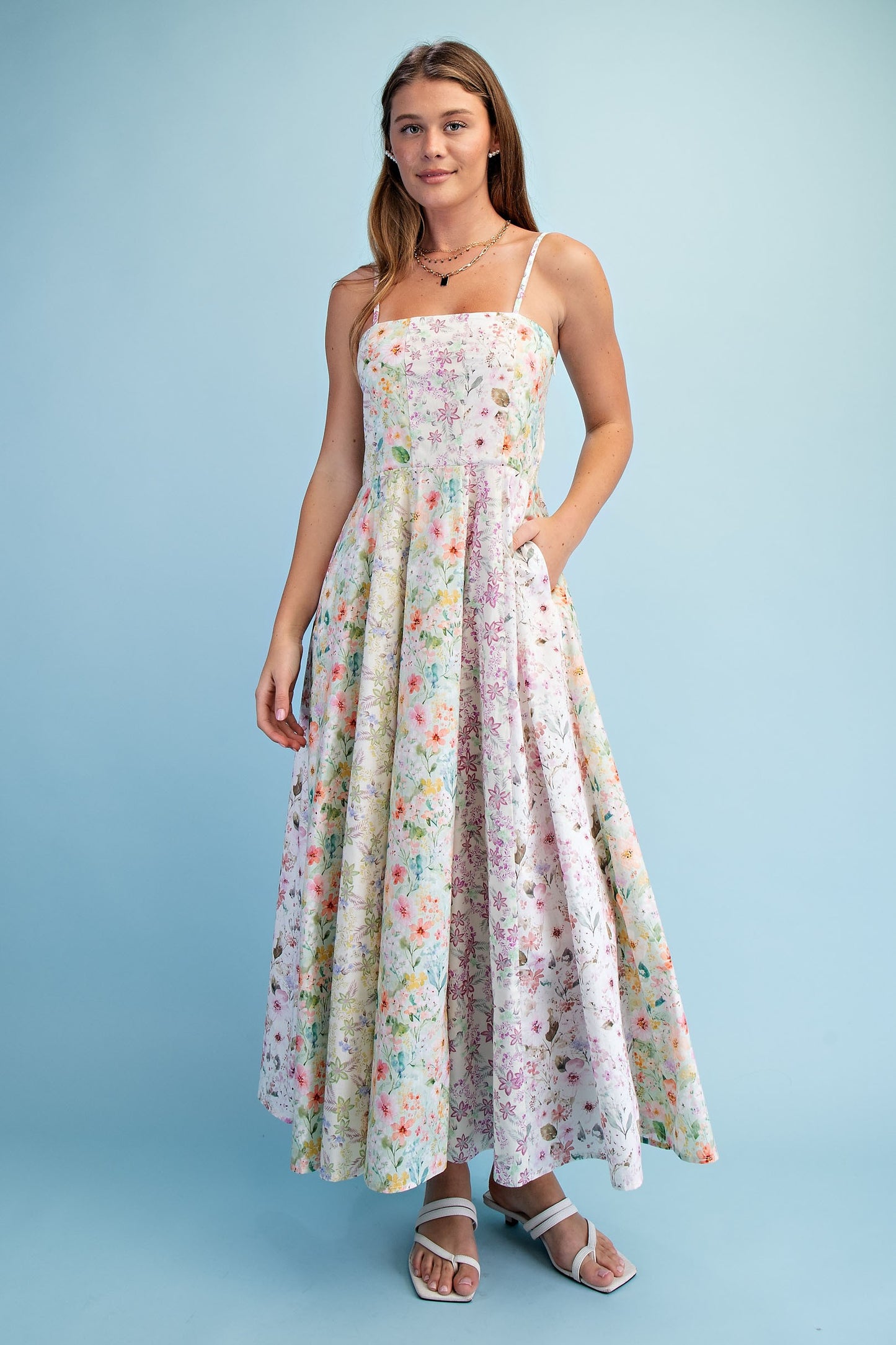 Multicolor Floral Sleeveless Midi Dress w/ Pockets