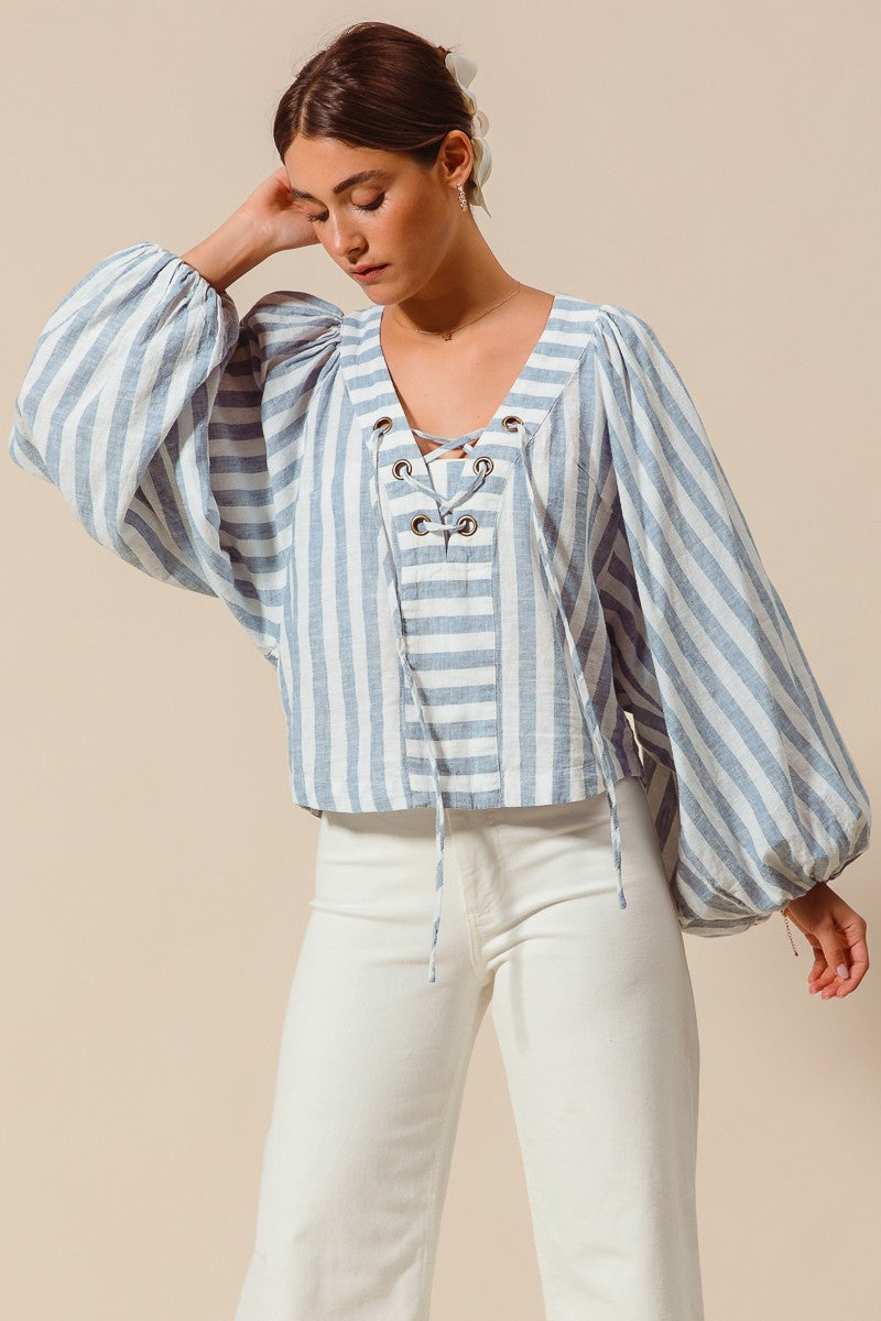 Blue/Ivory Striped Lace Up Blouse w/ Bubble Sleeves