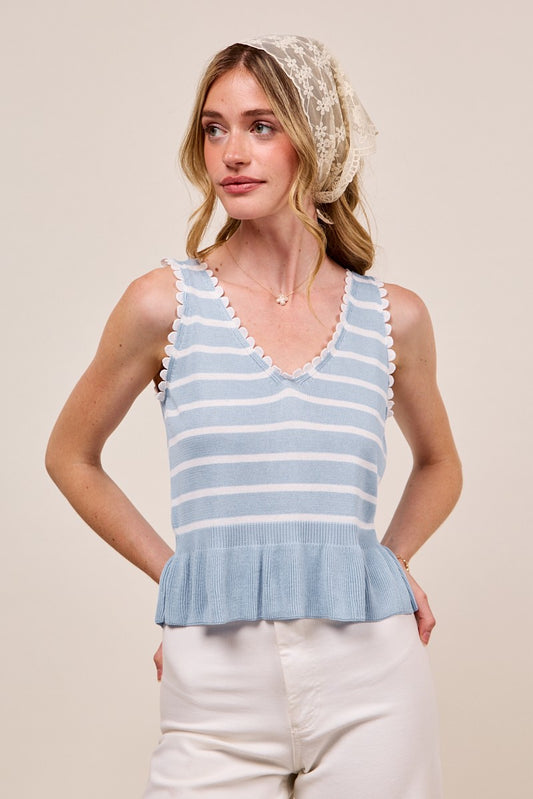 Blue/Off-White Striped V-Neck Cropped Lightweight Sweater Tank