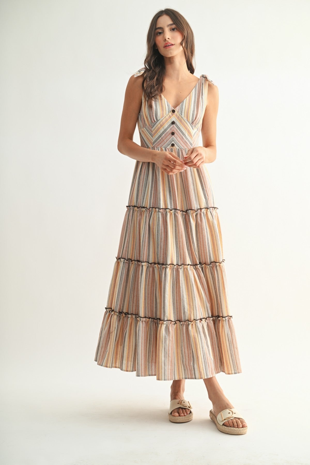 Orange/Brown Multi Striped Maxi Dress w/ Tie Straps